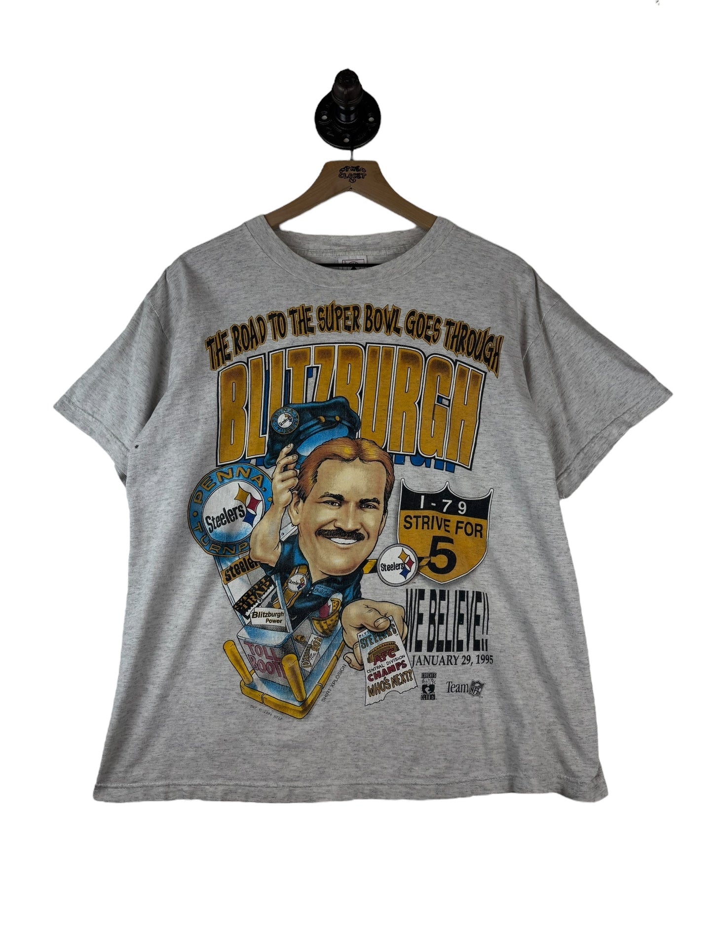 (S/M)1995 Steelers Strive For Five Caricature Tee