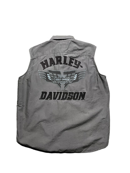 (XL) Vintage Harley Davidson Button Up Cut Off Shirt