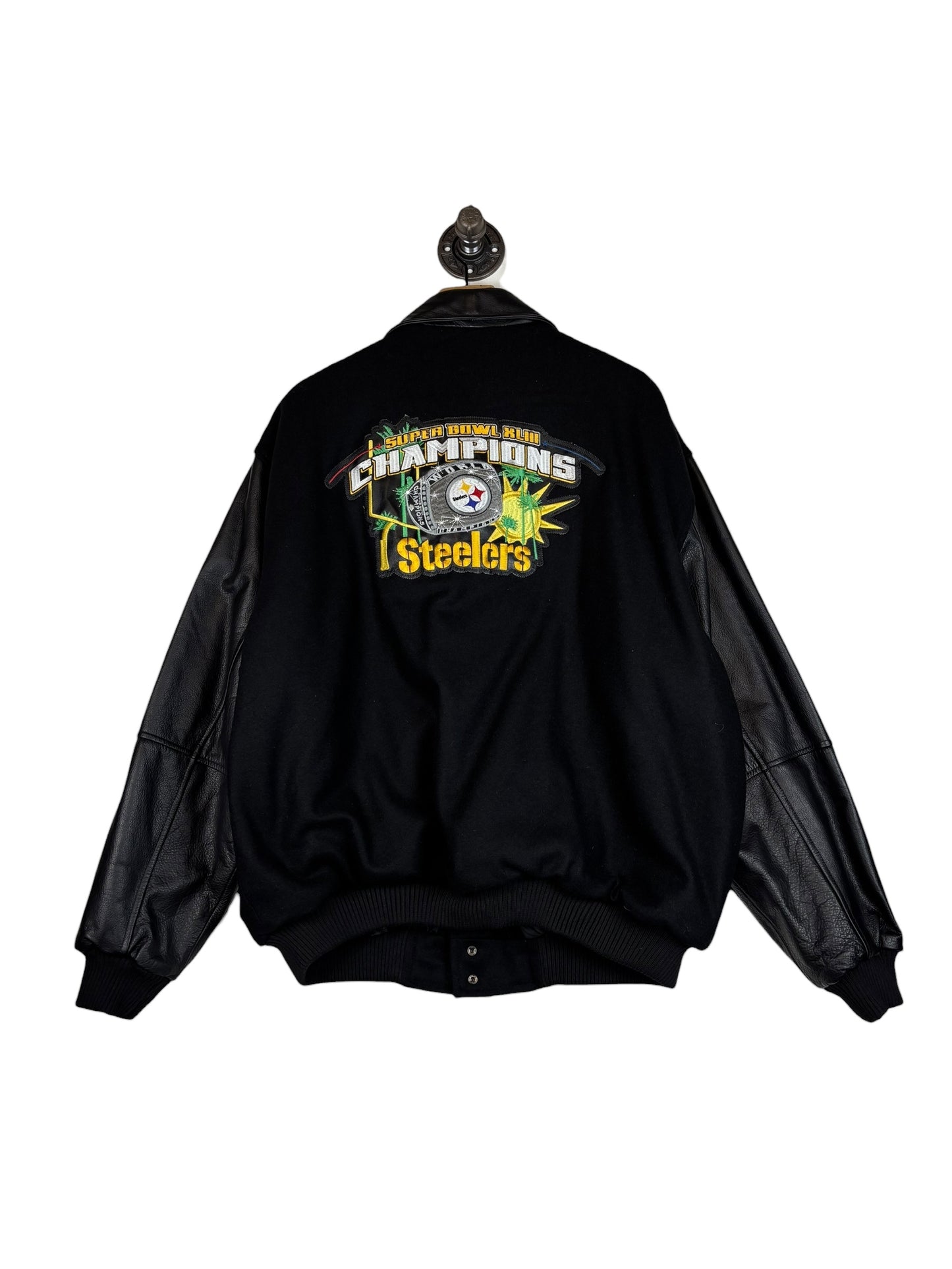 (XL) 2009 Steelers Superbowl XLIII Champs Embroidered Leather Button Up Jacket (NEW)