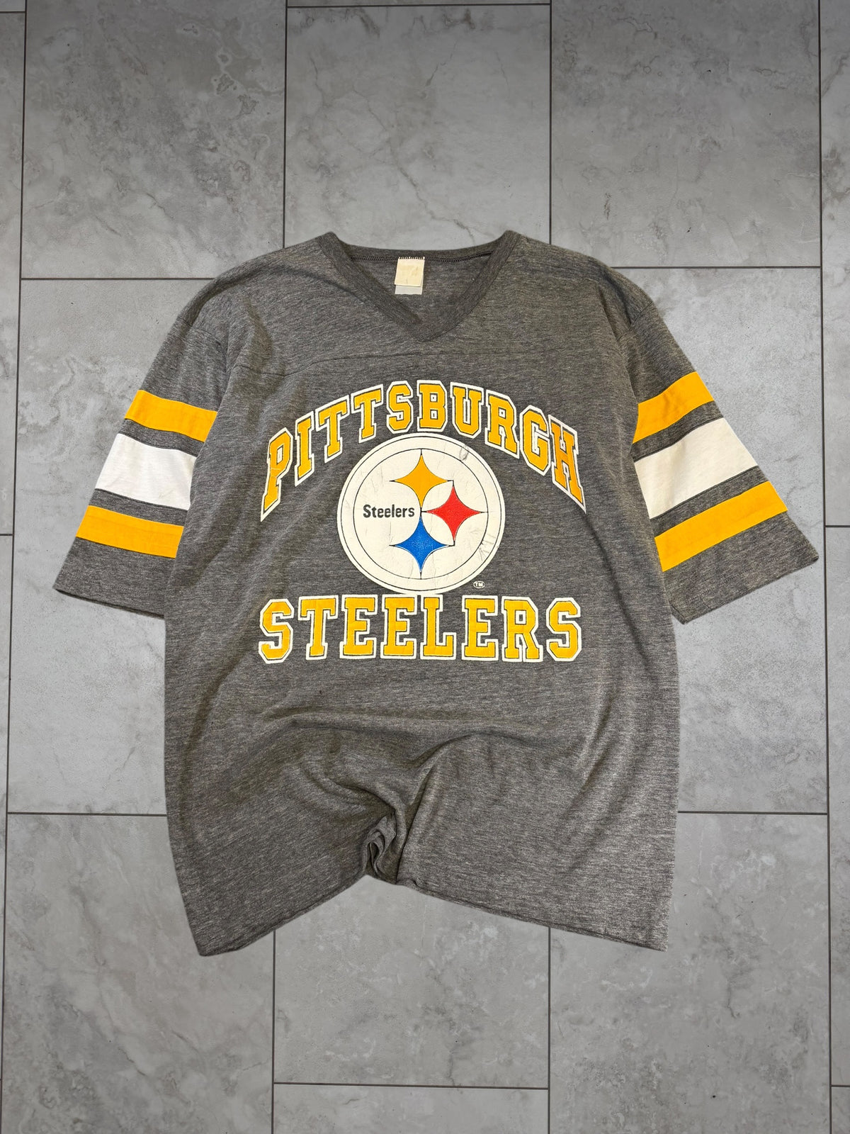 (XL) Vintage 80s Steelers Striped Sleeve Shirt