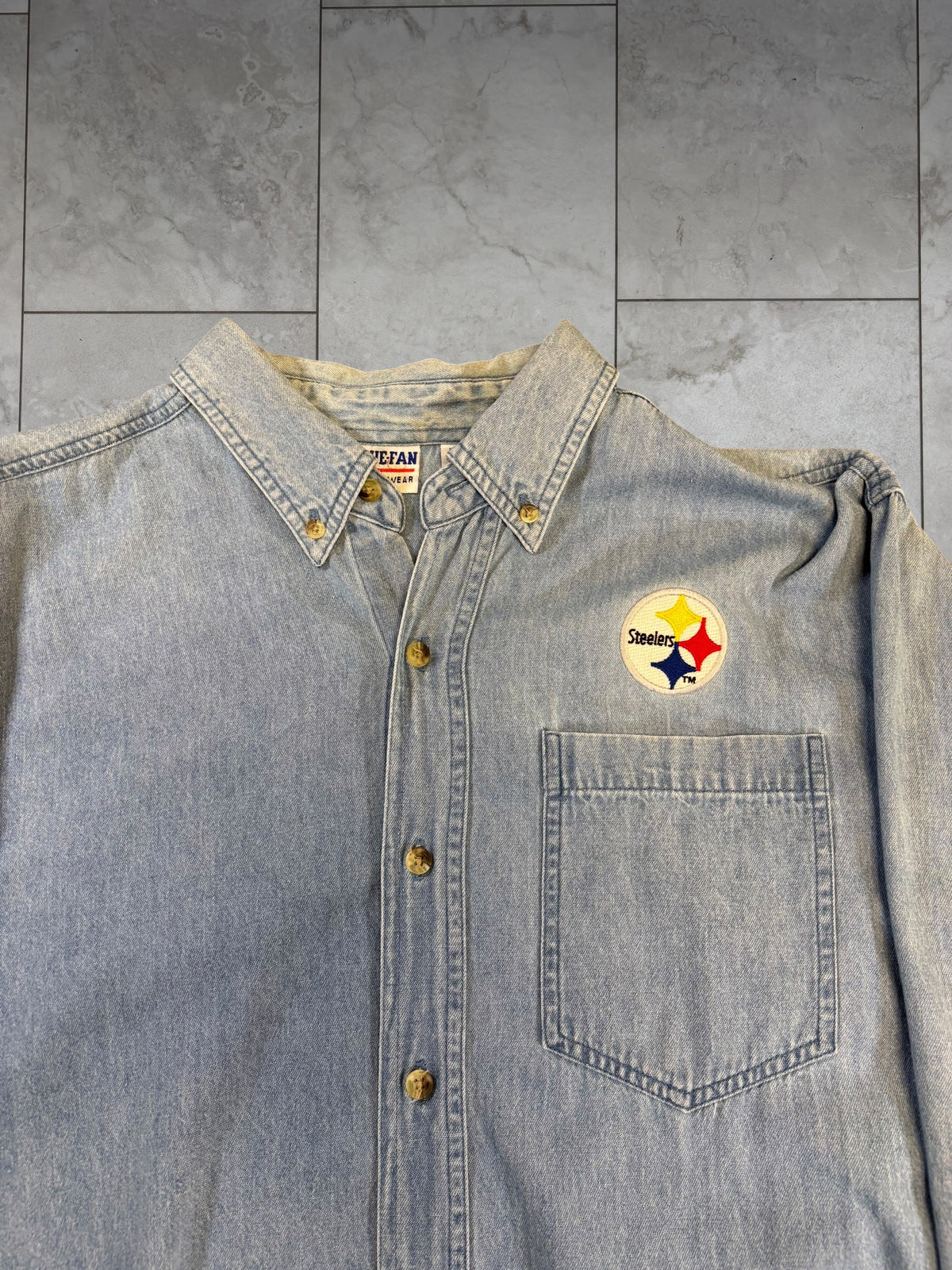 (S) Vintage 90s Steelers Denim Button Up Longsleeve Shirt