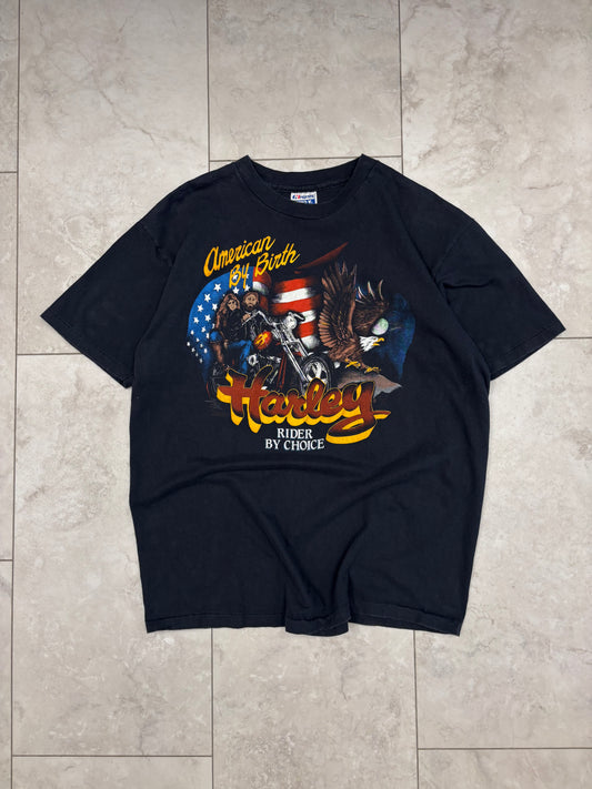 (L) Vintage Harley American By Birth Rider By Choice Tee