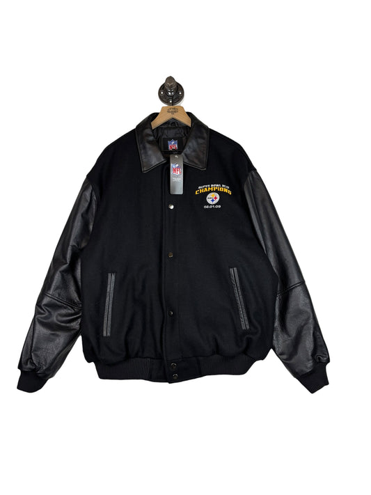 (XL) 2009 Steelers Superbowl XLIII Champs Embroidered Leather Button Up Jacket (NEW)
