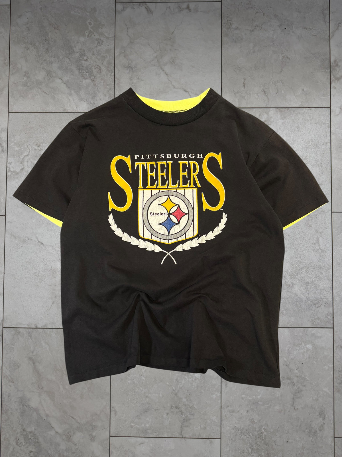 (XS/S) Vintage 80's Steelers Crest Tee Featuring Neon Inner Sleeve