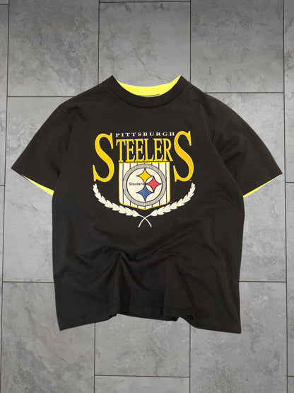 (XS/S) Vintage 80's Steelers Crest Tee Featuring Neon Inner Sleeve