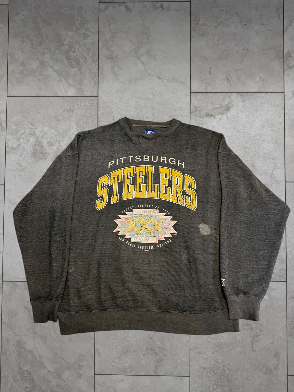 (XL) 1996 Steelers Superbowl XXX Thrashed Starter Crewneck