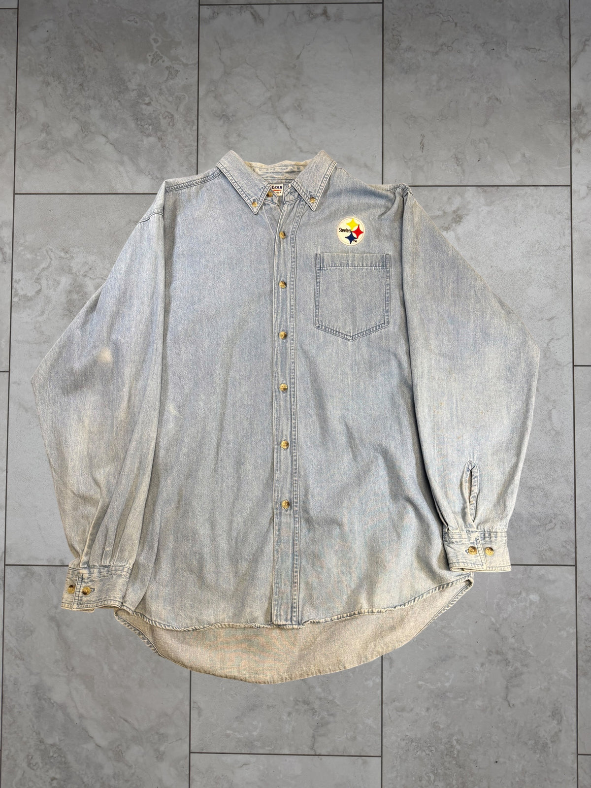 (S) Vintage 90s Steelers Denim Button Up Longsleeve Shirt