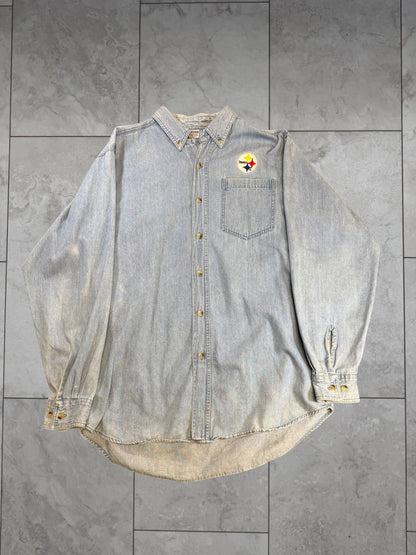 (S) Vintage 90s Steelers Denim Button Up Longsleeve Shirt