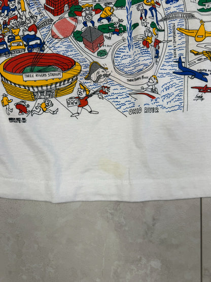 (S) 1991 Pittsburgh Carciture City Map Graphic Tee