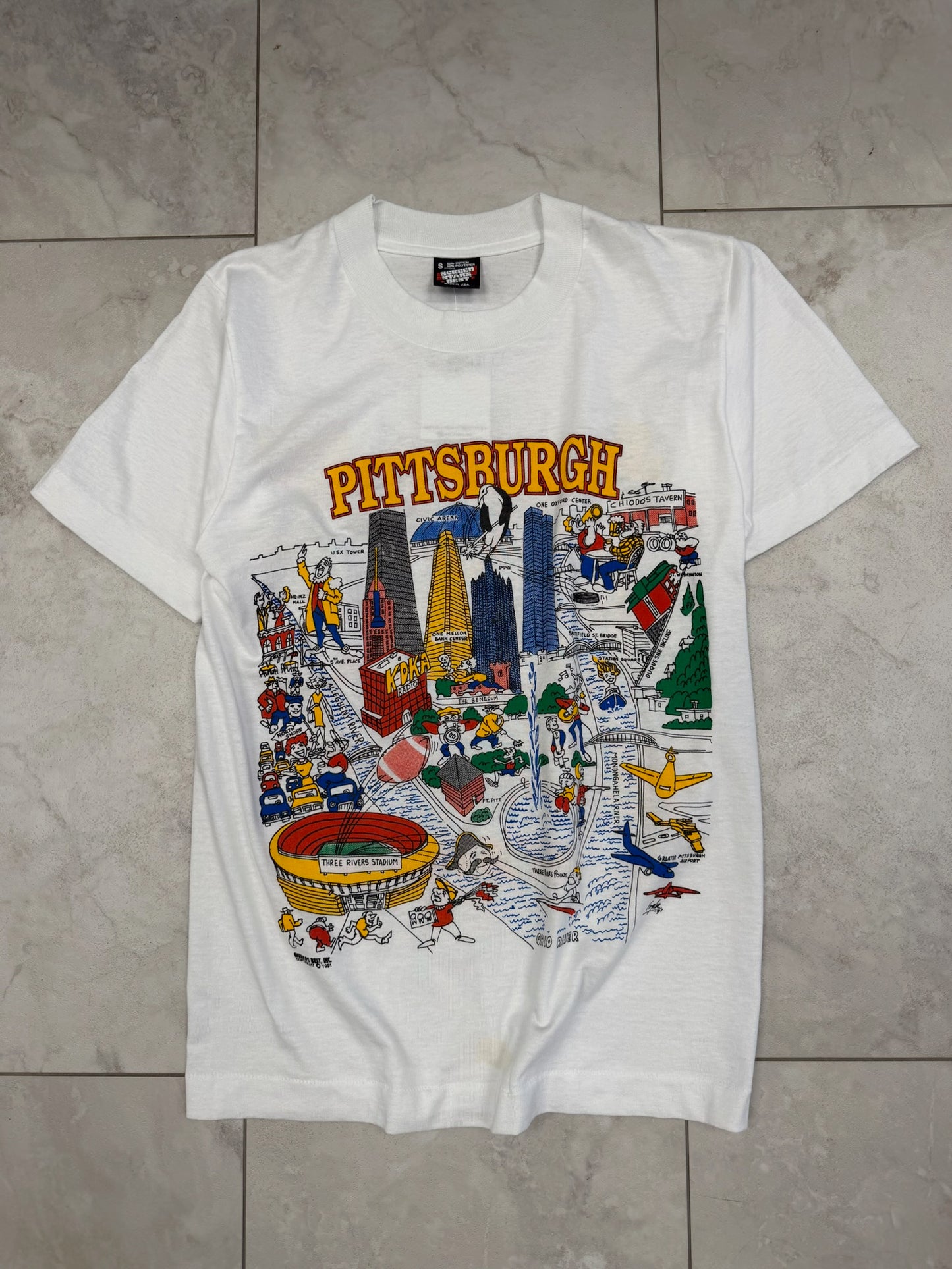 (S) 1991 Pittsburgh Carciture City Map Graphic Tee