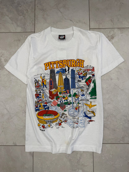 (S) 1991 Pittsburgh Carciture City Map Graphic Tee