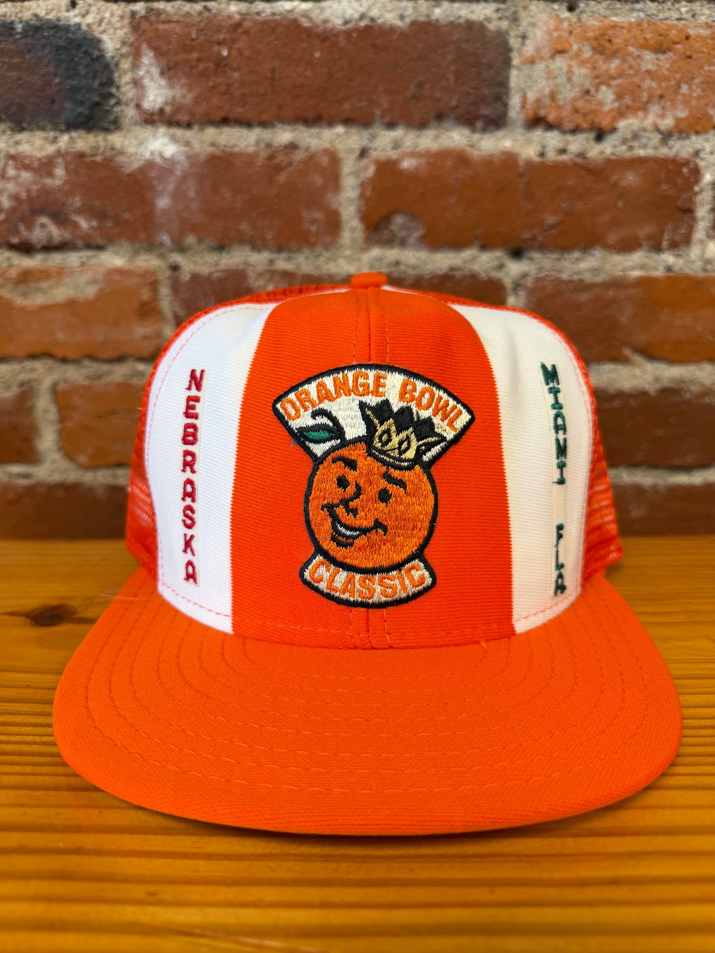 1984 Orange Bowl Classic Nebraska Cornhuskers vs Miami Hurricanes AJD Lucky Stripes Trucker Hat - NEW